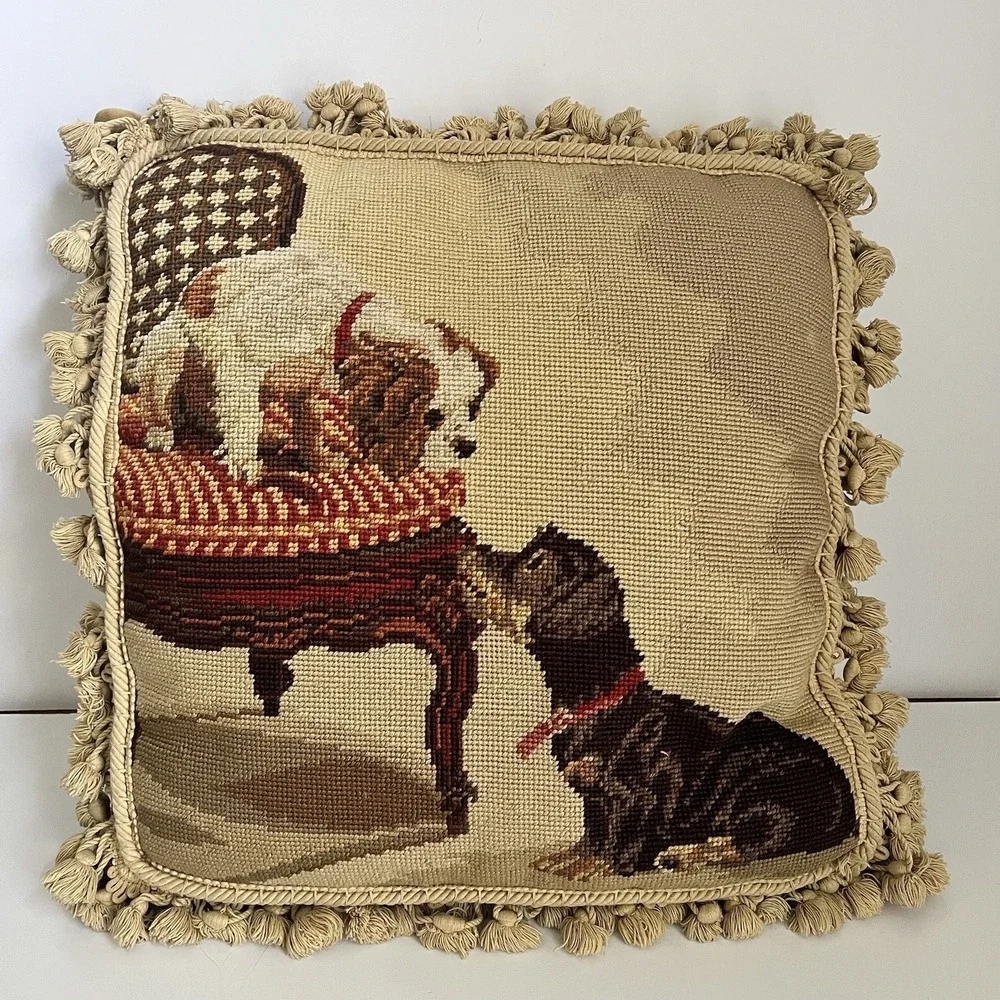 Vintage needlepoint pillow dachshund King Charles Spaniel tassel velvet 16x16